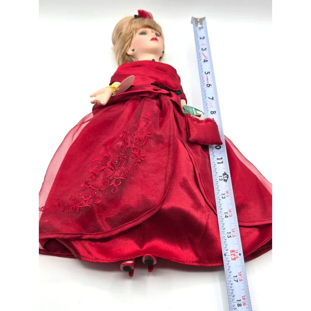 Vintage Camellia Garden Brass Key Swarovski Crystal Porcelain‎ Doll Red Gown